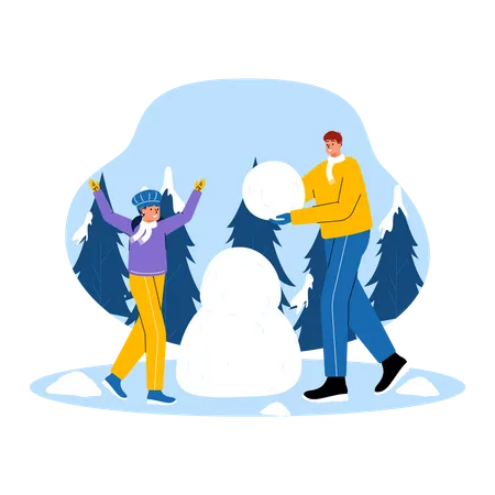 Padre e hija haciendo muñeco de nieve.  Ilustración