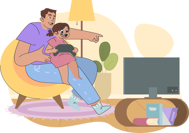 Padre e hija jugando videojuegos  Ilustración