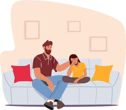 Padre e hija llorando sentados en el sofá de la habitación  Ilustración