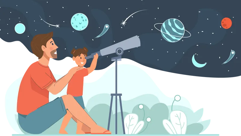 Padre e hija viendo el espacio usando un telescopio  Ilustración