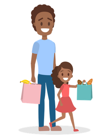 Padre e hija van con bolsas llenas de comida.  Ilustración