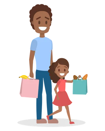 Padre e hija van con bolsas llenas de comida.  Ilustración