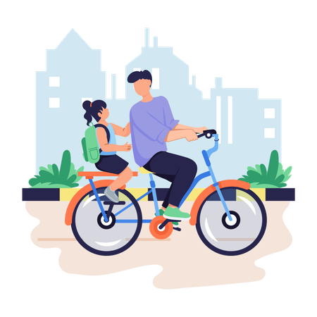 Padre e hija van en bicicleta  Ilustración