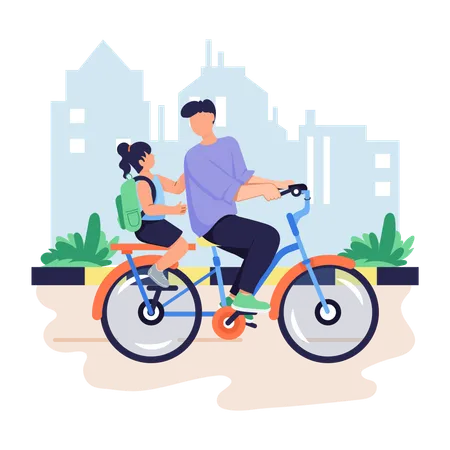 Padre e hija van en bicicleta  Ilustración