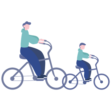 Padre e hijo andando en bicicleta  Ilustración