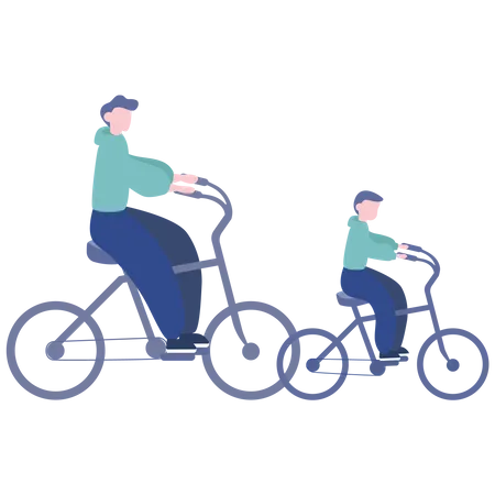 Padre e hijo andando en bicicleta  Ilustración