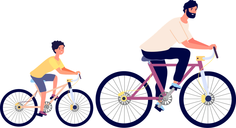 Padre e hijo andando en bicicleta  Ilustración