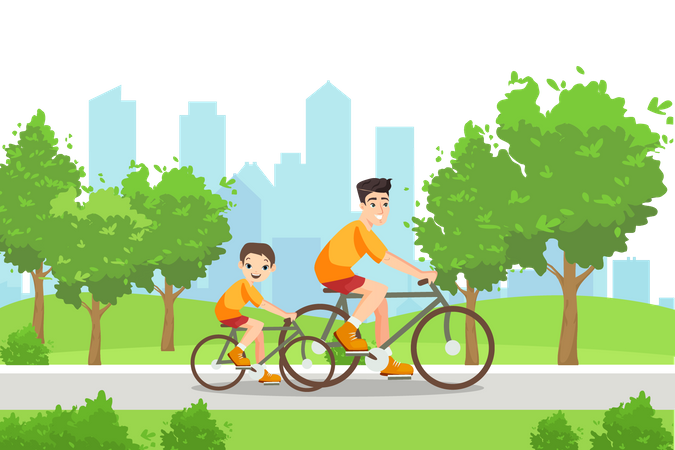 Padre e hijo montando en bicicleta en el parque  Ilustración