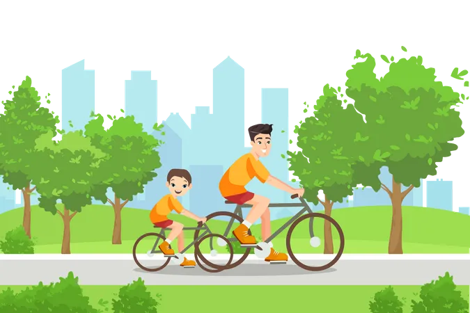 Padre e hijo montando en bicicleta en el parque  Ilustración