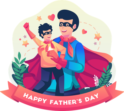 Padre e hijo celebran el Día del Padre con ambos vestidos con disfraces de superhéroes  Ilustración