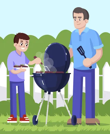 Padre e hijo cocinando barbacoa juntos  Ilustración