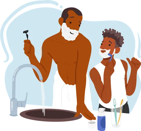 Padre e hijo comparten experiencia de afeitado  Ilustración