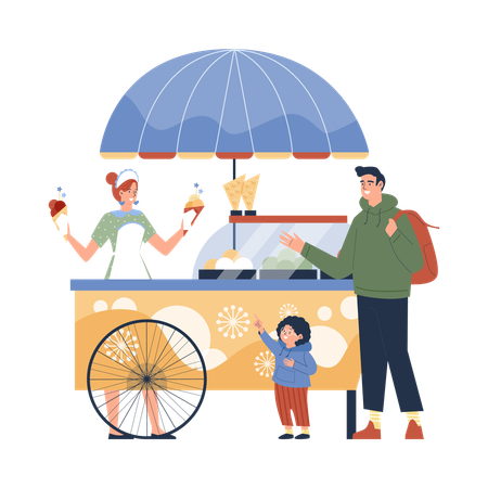 Padre e hijo comprando helado en un puesto de vendedores  Ilustración