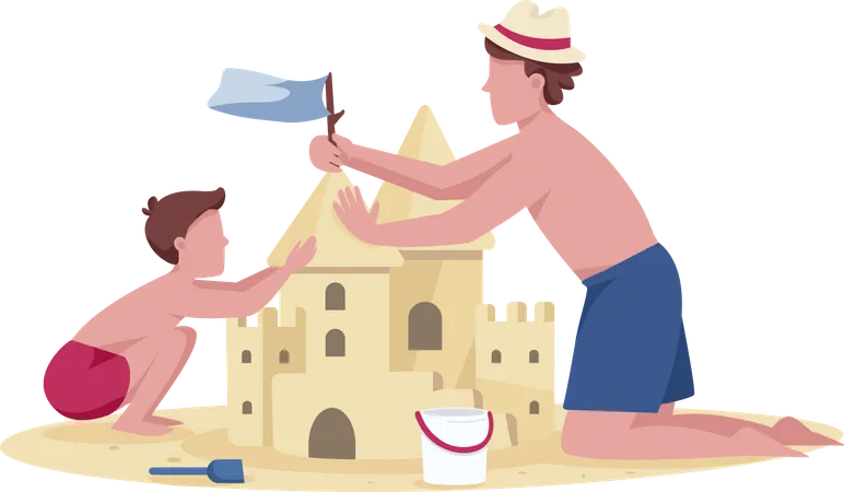 Padre e hijo construyendo castillos de arena  Ilustración