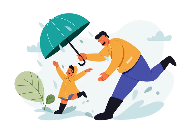 Padre e hijo disfrutando de la lluvia Día del Padre  Ilustración