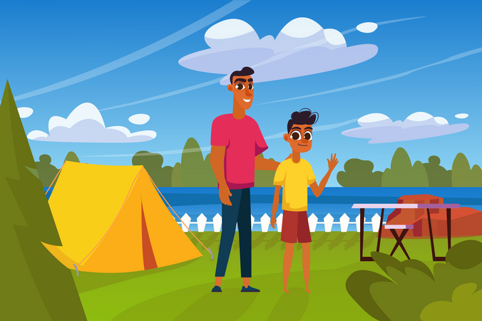 Padre e hijo en camping  Ilustración