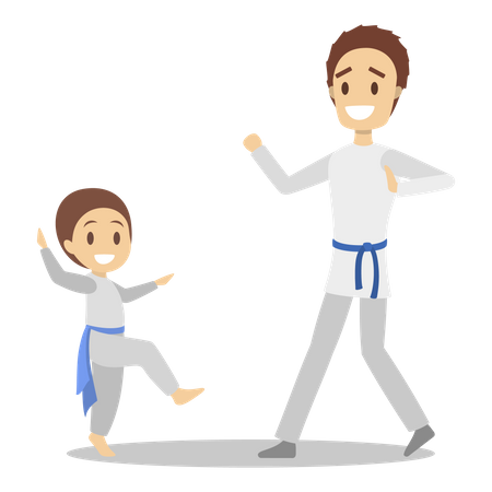 Padre e hijo en uniforme entrenando movimientos de karate  Ilustración