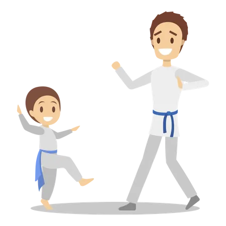 Padre e hijo en uniforme entrenando movimientos de karate  Ilustración