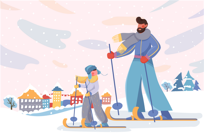Padre e hijo esquiando en la nieve  Ilustración