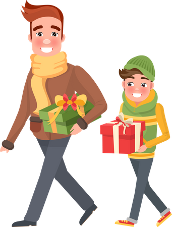 Padre e hijo están felices haciendo compras navideñas  Ilustración