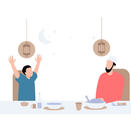 Padre e hijo están sentados a la mesa del comedor.  Ilustración