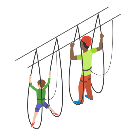 Padre e hijo realizando actividades de aventura en el parque de cuerdas  Ilustración