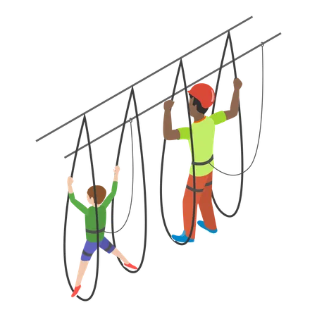 Padre e hijo realizando actividades de aventura en el parque de cuerdas  Ilustración