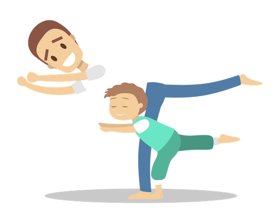 Padre e hijo haciendo ejercicio de yoga.  Ilustración