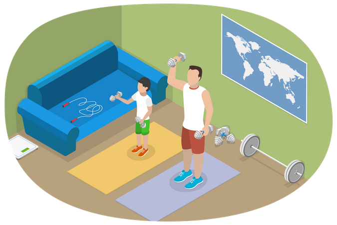 Padre e hijo haciendo ejercicio en casa  Ilustración