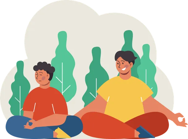 Padre e hijo haciendo meditación en el jardín.  Ilustración