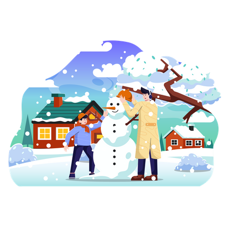 Padre e hijo haciendo muñeco de nieve.  Ilustración