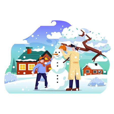 Padre e hijo haciendo muñeco de nieve.  Ilustración