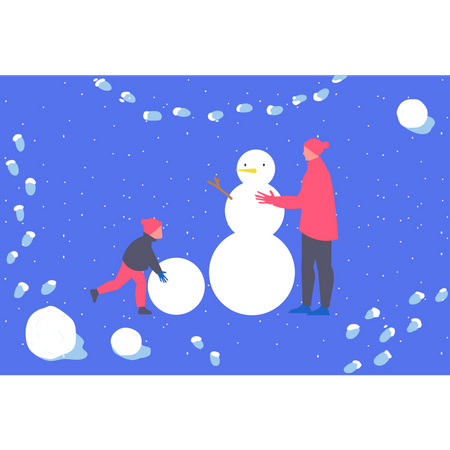 Padre e hijo haciendo muñeco de nieve.  Ilustración