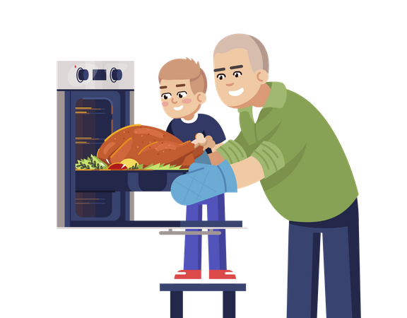 Padre e hijo horneando carne en el horno  Ilustración