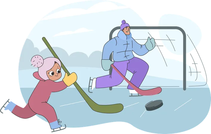 Padre e hijo jugando hockey sobre hielo  Ilustración