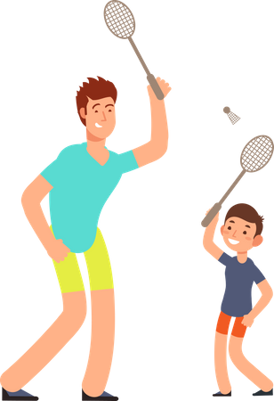 Padre e hijo jugando bádminton  Ilustración