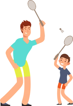 Padre e hijo jugando bádminton  Ilustración