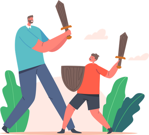 Padre e hijo jugando con espadas de madera.  Ilustración