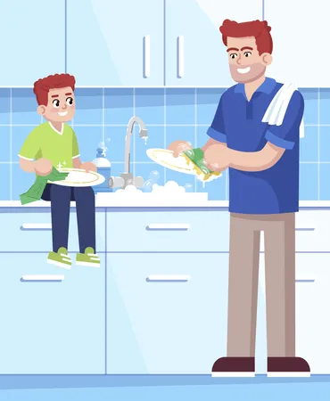 Padre e hijo lavando platos juntos  Ilustración