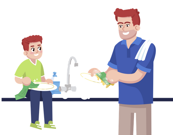 Padre e hijo lavando platos juntos  Ilustración