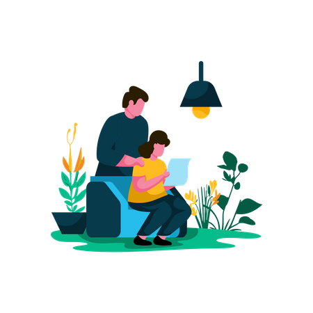 Padre e hijo leyendo juntos en una acogedora sala de estar  Ilustración