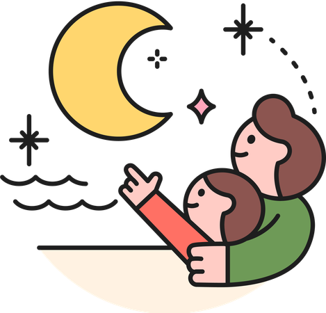 Padre e hijo mirando la luna.  Ilustración