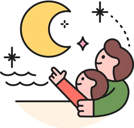 Padre e hijo mirando la luna.  Ilustración
