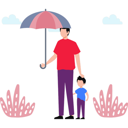 Padre e hijo de pie bajo el paraguas  Ilustración
