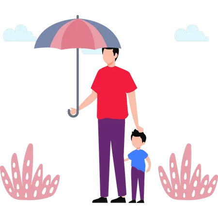 Padre e hijo de pie bajo el paraguas  Ilustración