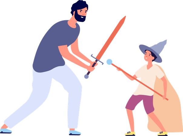 Padre e hijo luchando con espadas de madera  Ilustración