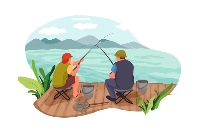 Padre e hijo pescando  Ilustración