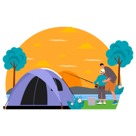 Padre e hijo pescando en camping  Ilustración