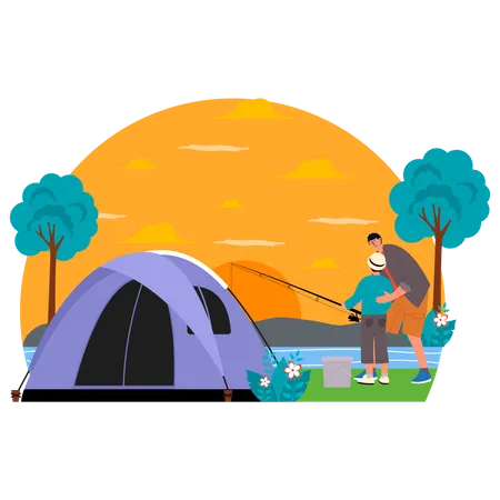 Padre e hijo pescando en camping  Ilustración