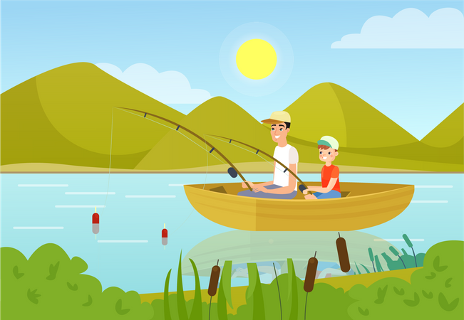 Padre e hijo pescando en el lago  Ilustración